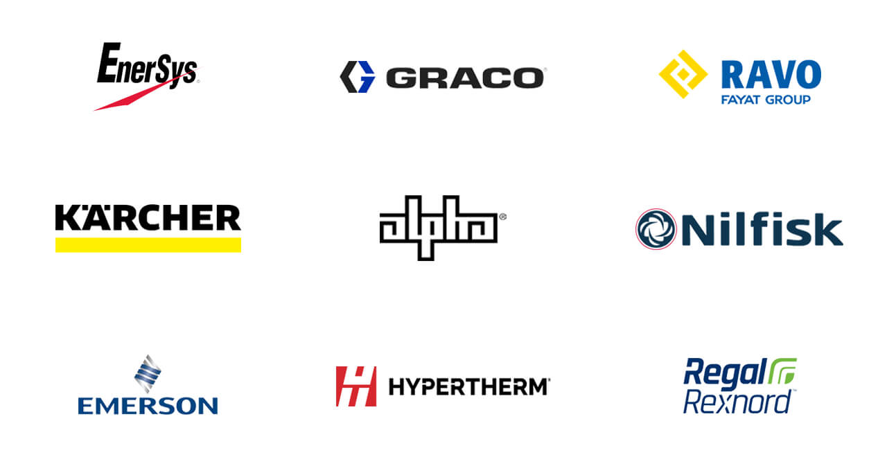 A montage of industrial equipment manufacturer logos