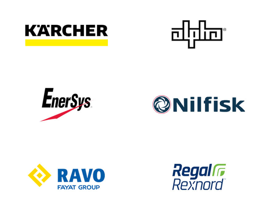 A montage of industrial equipment manufacturer logos